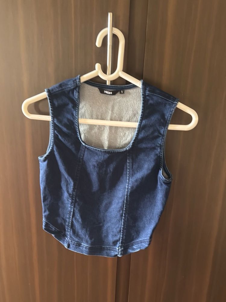 Blue Denim Square Neck Crop Top