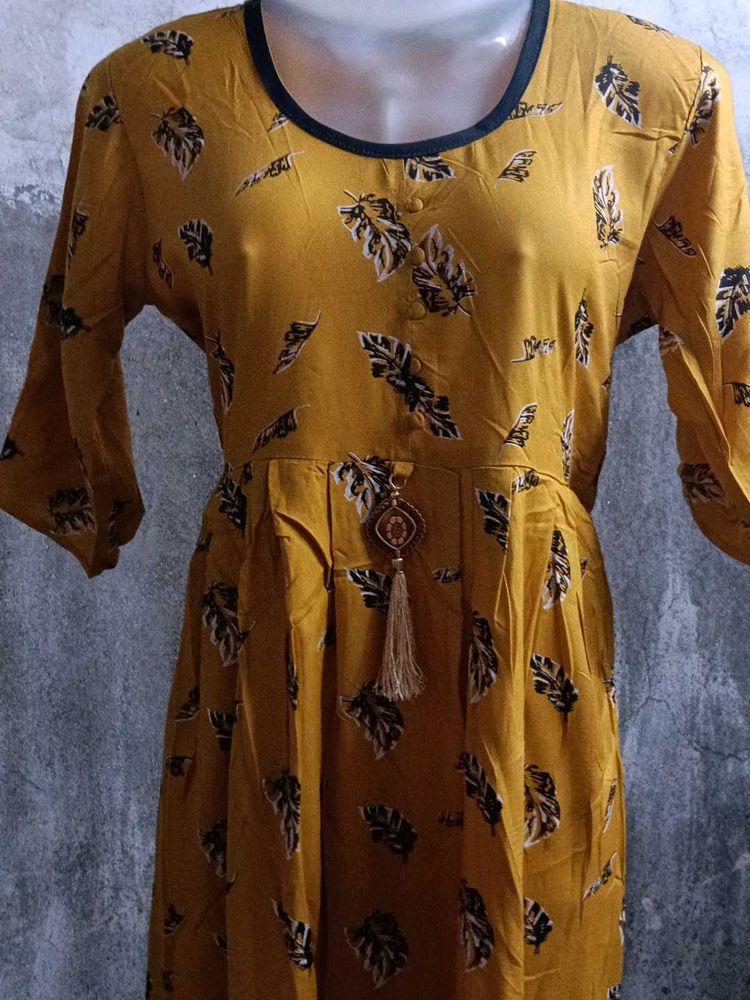 Yellow Leaf Print Kurta