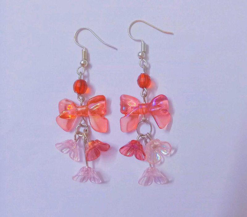 Cute Pink Bow &amp; Flower Dangle Earrings