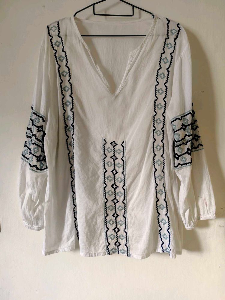 Embroidered White Cotton Top