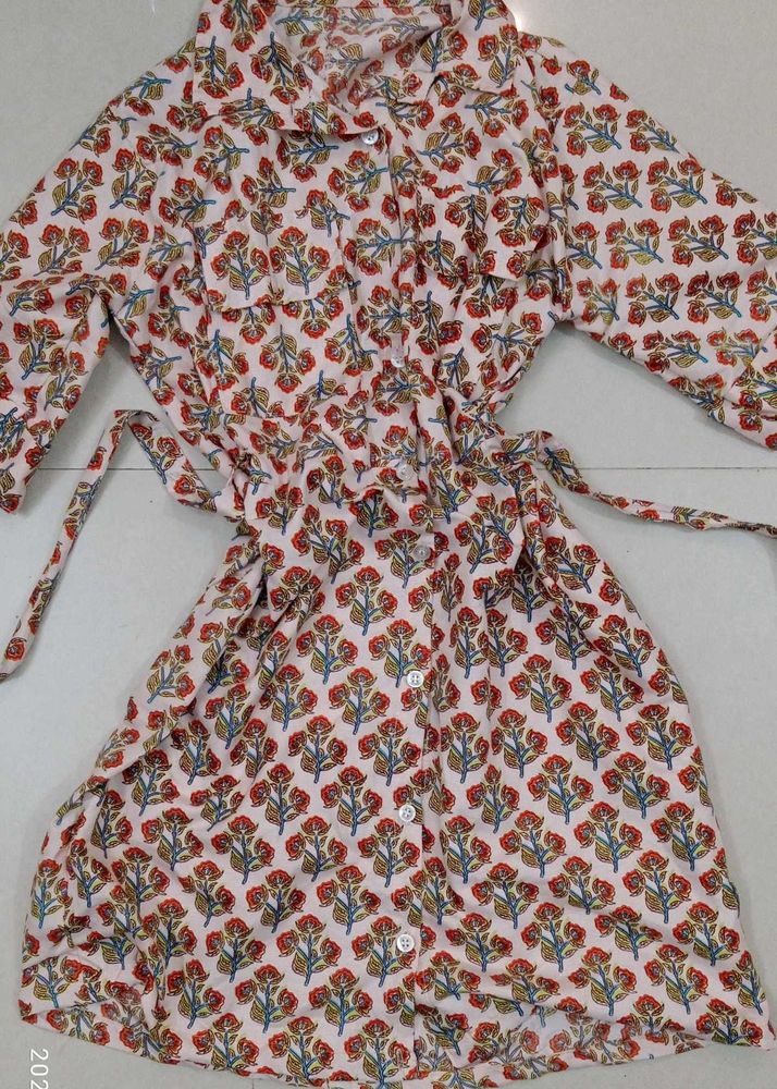 Floral Print Cotton Button Down Kurta with belt