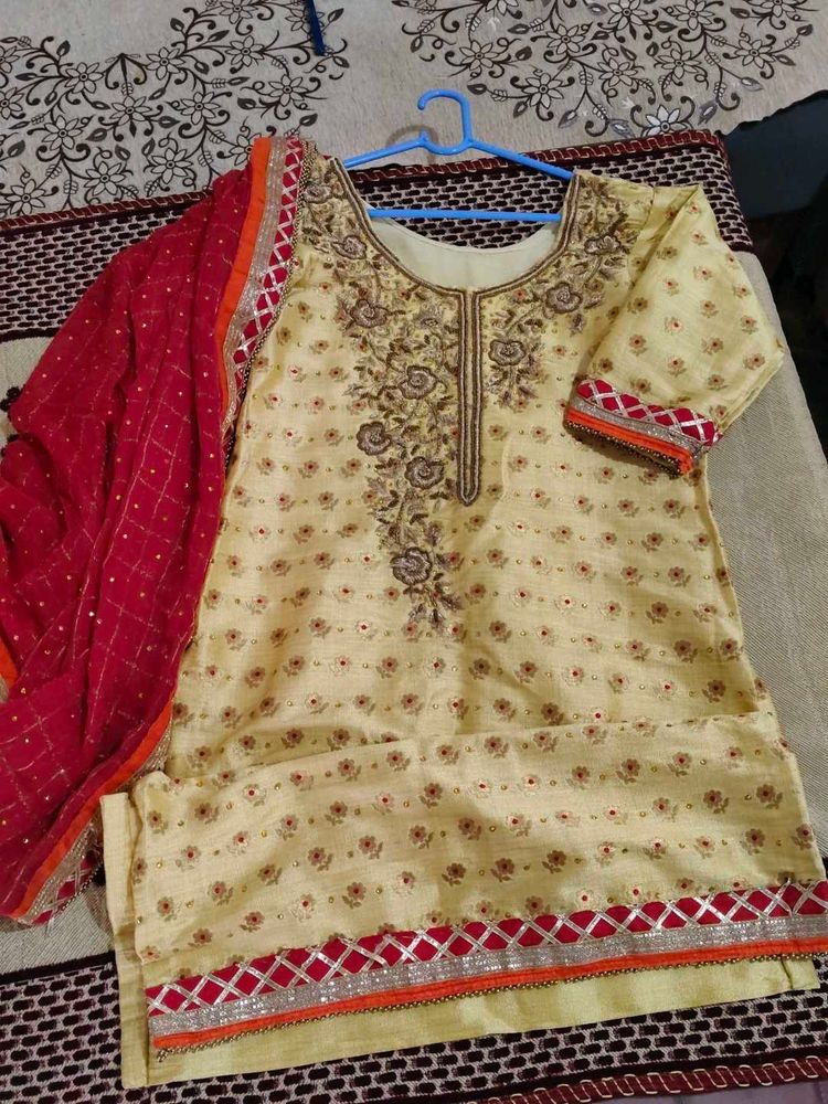 Beautiful Yellow Kurta Set with Red Dupatta
