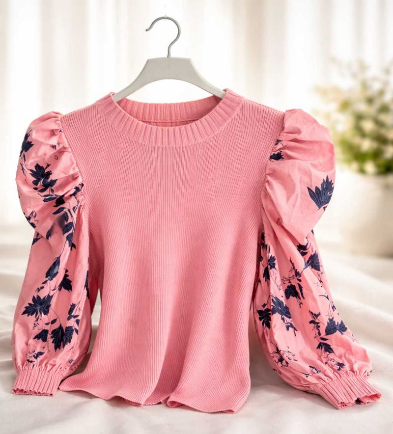 Pink Puff Sleeve Knit Top