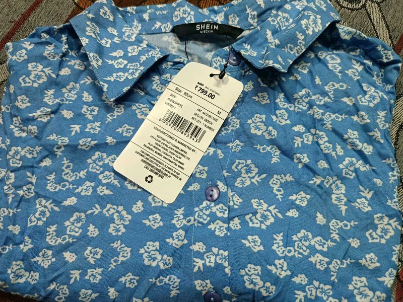 Blue Floral Print Button-Up Shirt