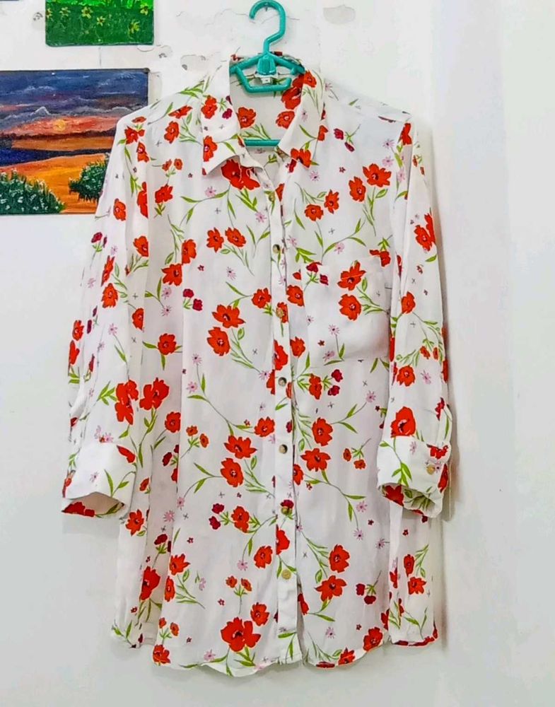 White Floral Print Button-Up Shirt
