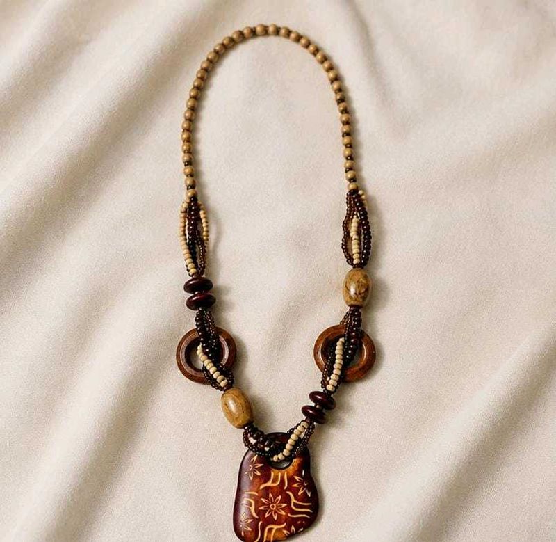 Handmade Boho Wooden Beaded Statement Necklace
