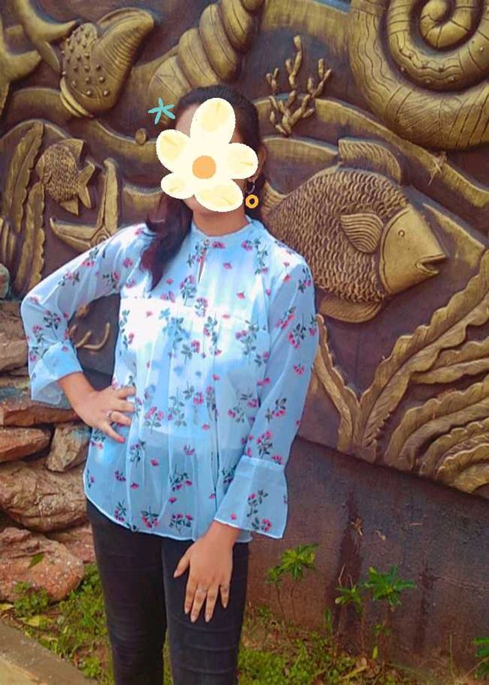 Chic Floral Blue Sheer Top