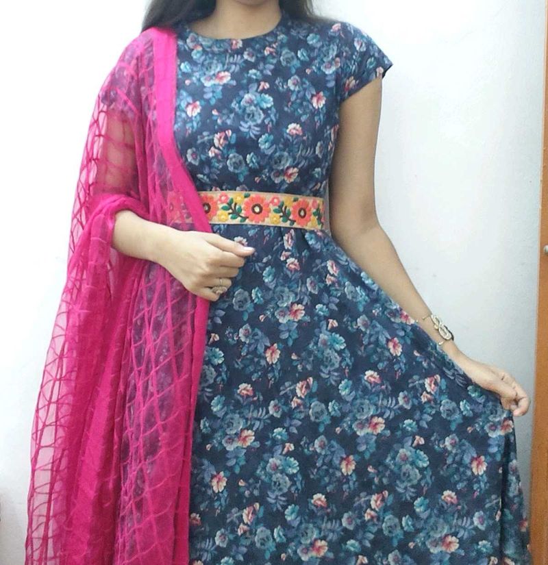 Floral Print Maxi Dress with Dupatta