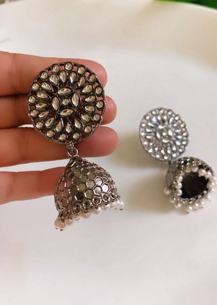 Stunning Oxidized Jhumka Earrings with Pearls