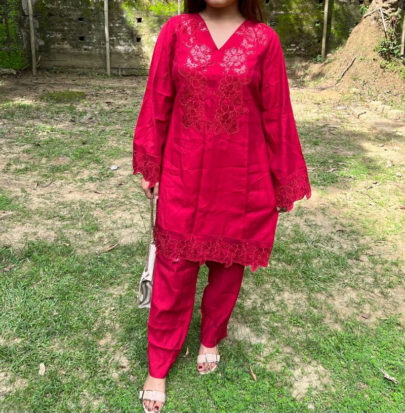 Beautiful Red Coords Set with price tag.