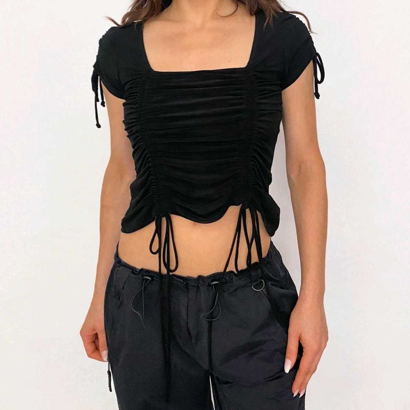 Black Ruched Square Neck Crop Top
