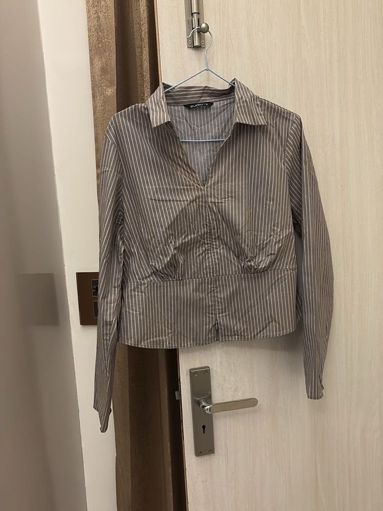 Striped V-Neck Cropped Shirt