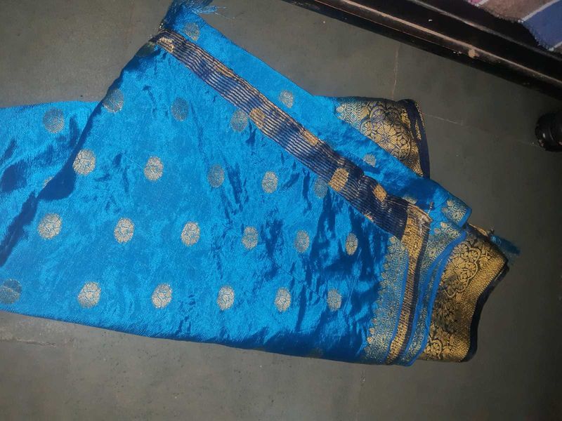 Vibrant Blue Silk Saree with Gold Motifs