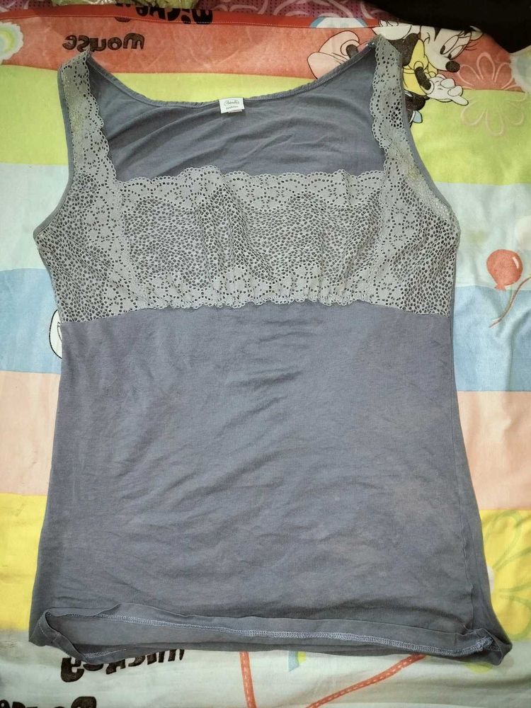 Bluish-Grey Lace Trim Cami Top