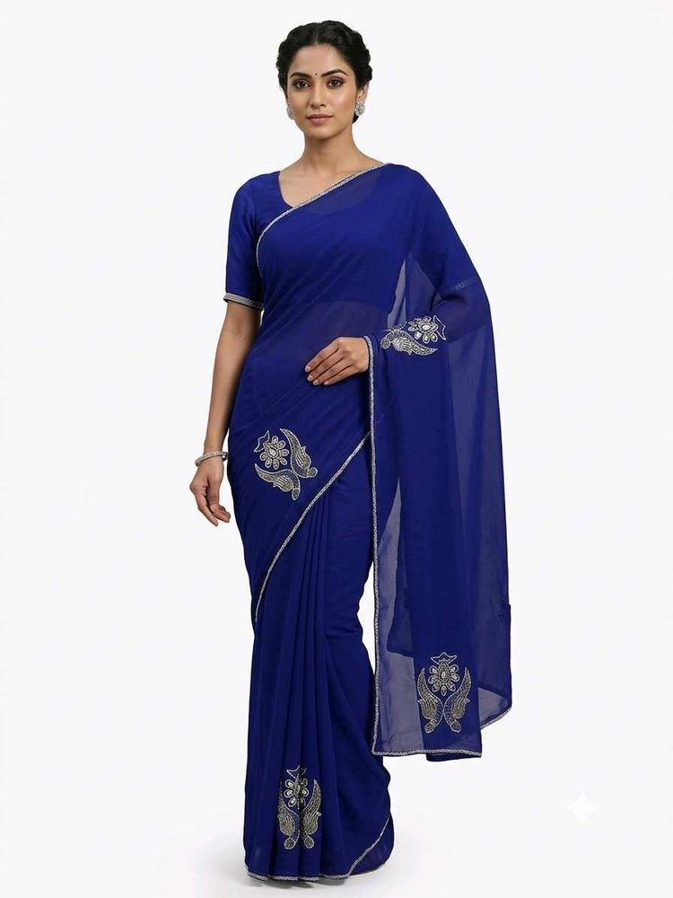 Royal Blue Embroidered Georgette Saree
