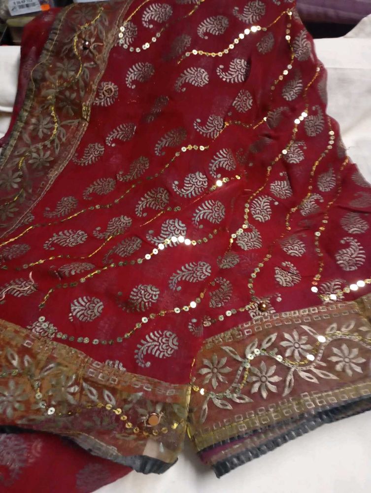 Used Elegant Red Paisley Sequined Saree