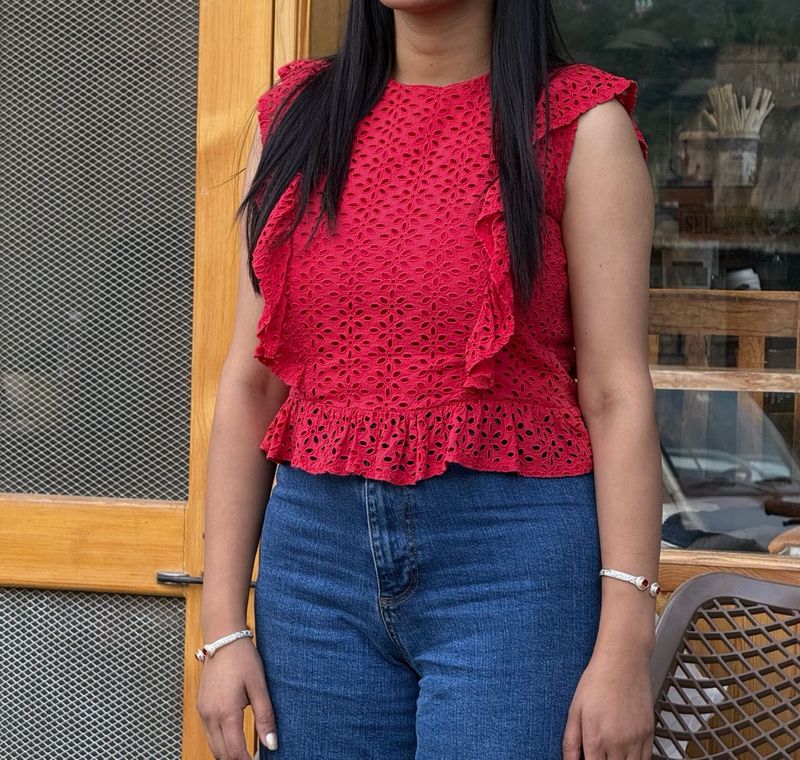 Chic Red Eyelet Peplum Top