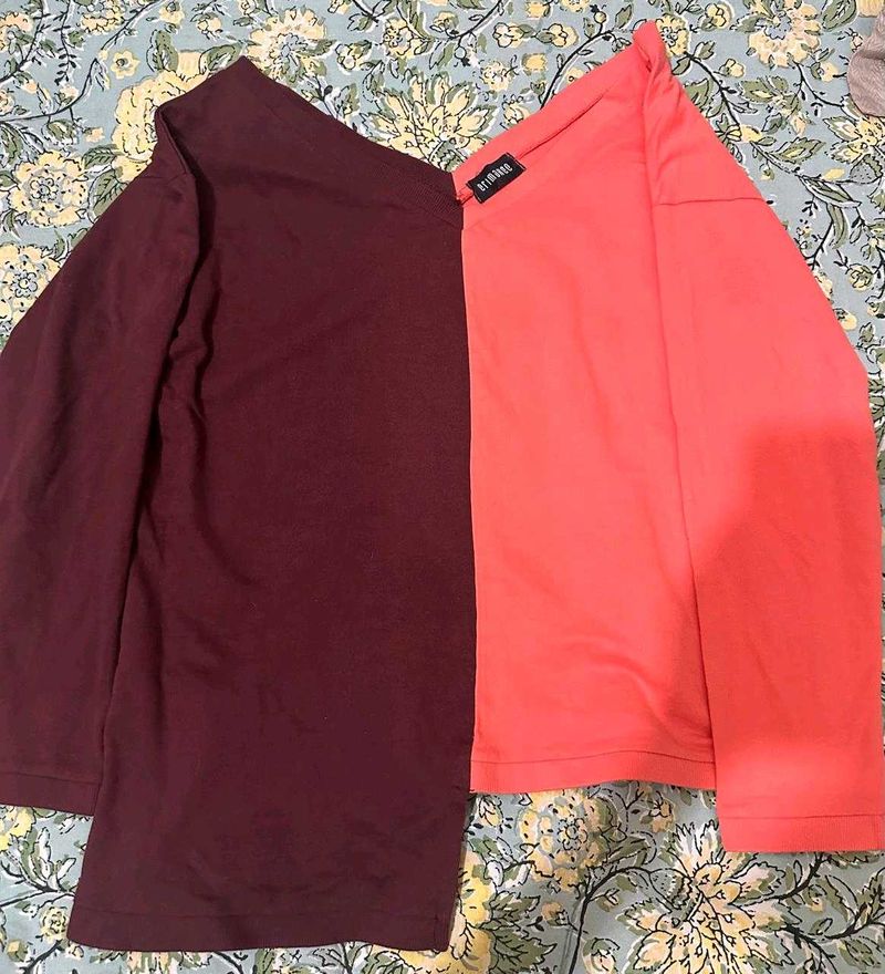 Maroon &amp; Coral Color-Block Off-Shoulder Top