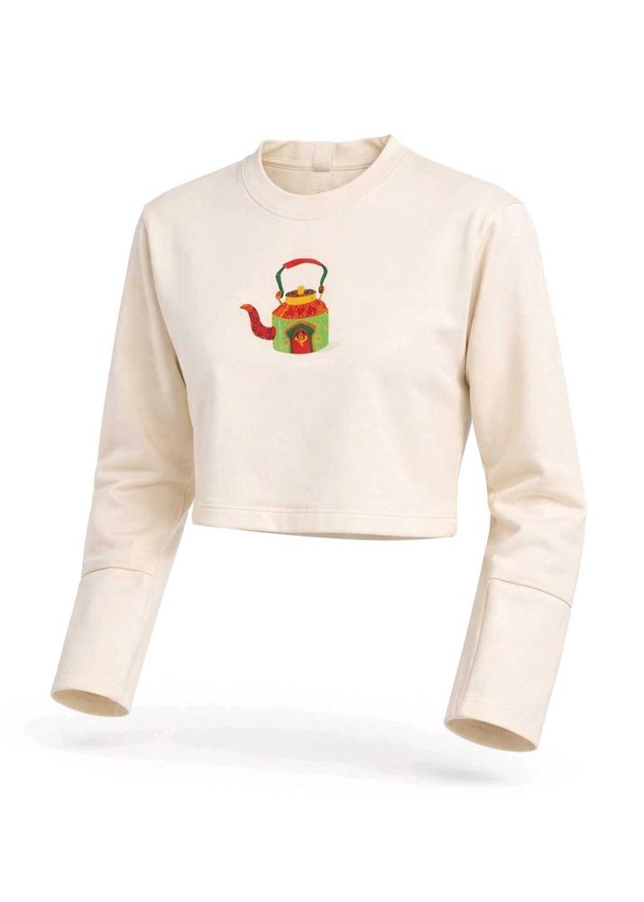 Cream Cropped Long Sleeve Top