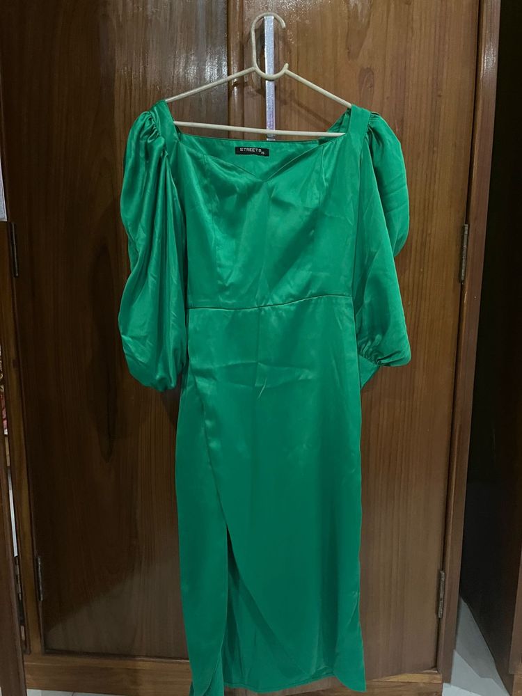Emerald Green Satin Puff Sleeve Dress