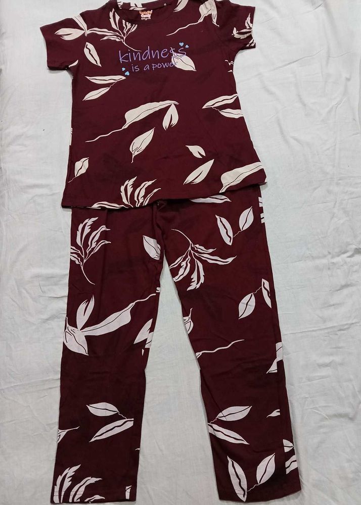 New Maroon Leaf Print Pajama Set