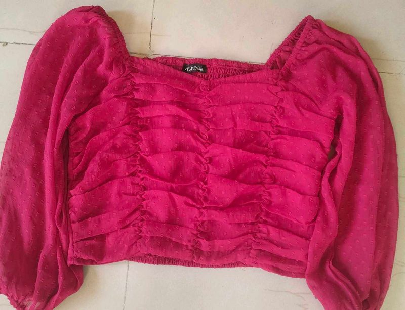 Hot Pink Sheer Puff Sleeve Top
