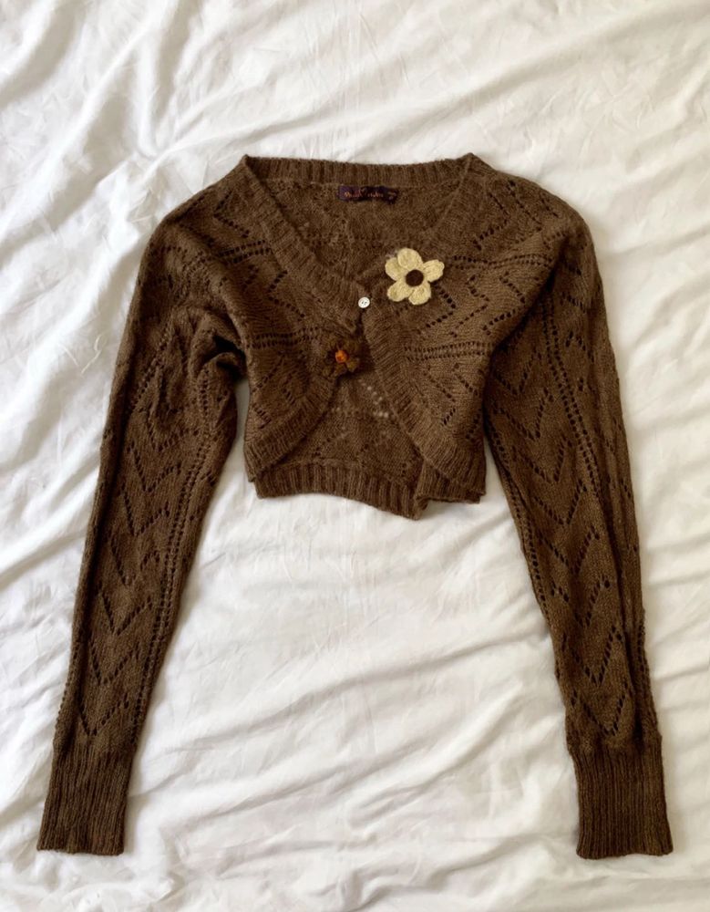 Brown Cropped Knit Cardigan