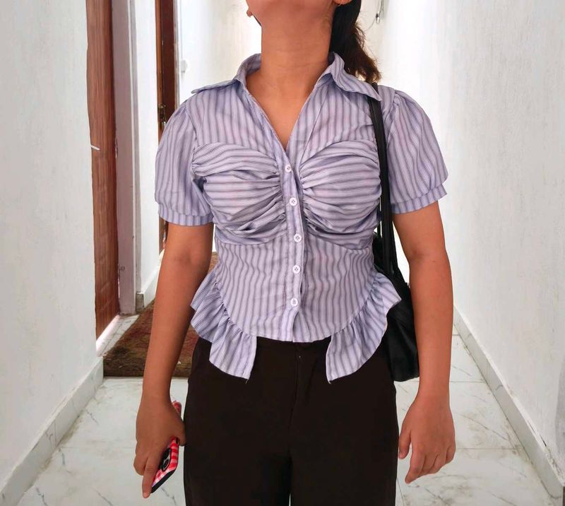 Chic Blue Striped Ruched Shirt