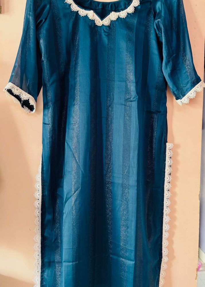 Teal Shimmer Kurti with White Lace Trim