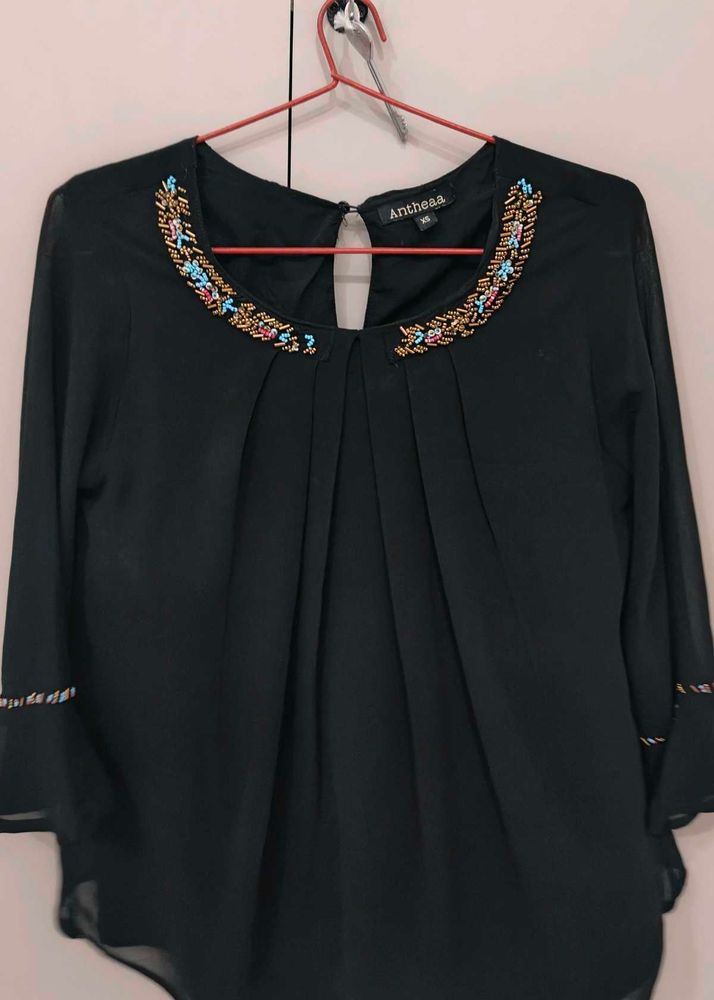 Antheaa Black Pleated Top with Beaded Neck - Size