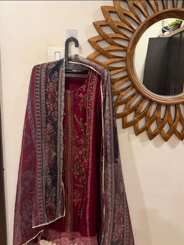 Combo of 3 Meroon suit,Grey top &amp; brown ruffle to