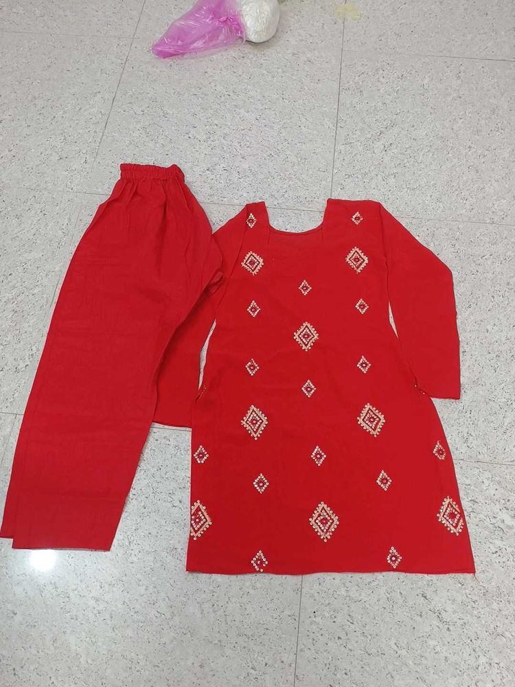 Red Embroidered Kurta with Pants