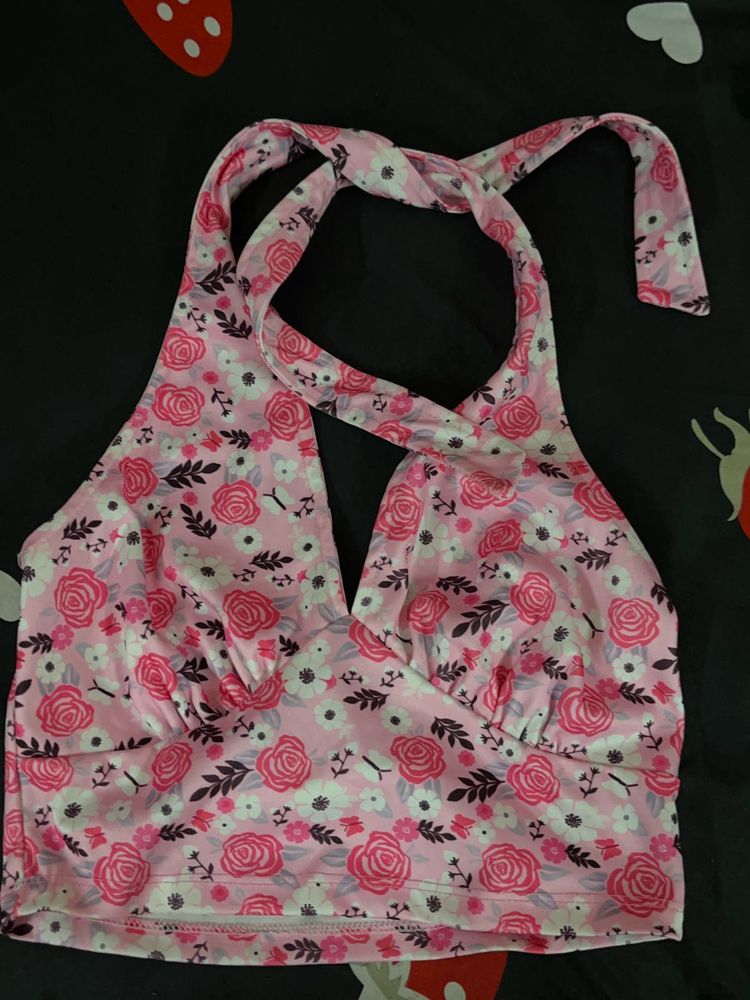 Pink Floral Halter Neck Crop Top