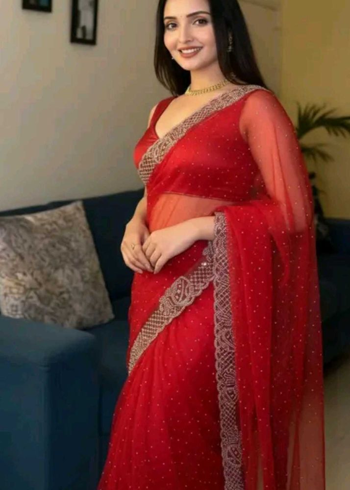 Stunning Red Embellished Net Saree with ready made