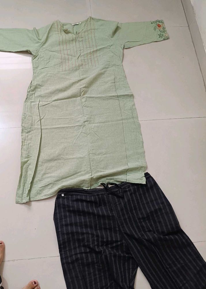 Light Green Kurta Set with Striped Pants
