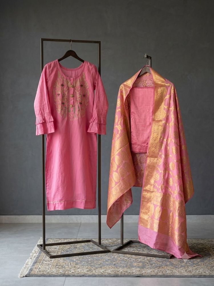 Pink Embroidered Kurta with Dupatta Set
