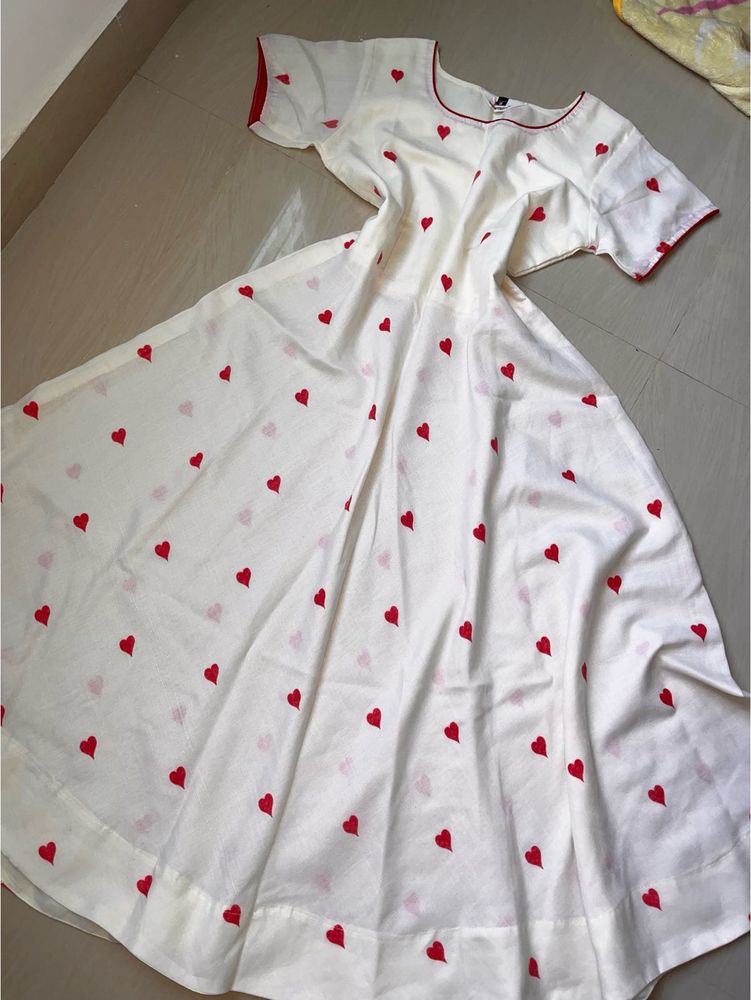 White Kurta with Red Heart Print