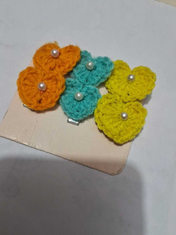 Handmade Crochet Heart Hair Clips set of 3🌸