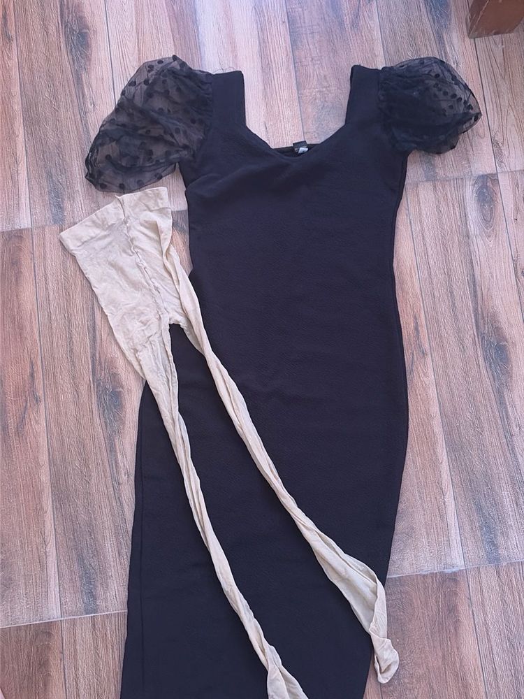 Chic Black Puff Sleeve Dress with Stockings