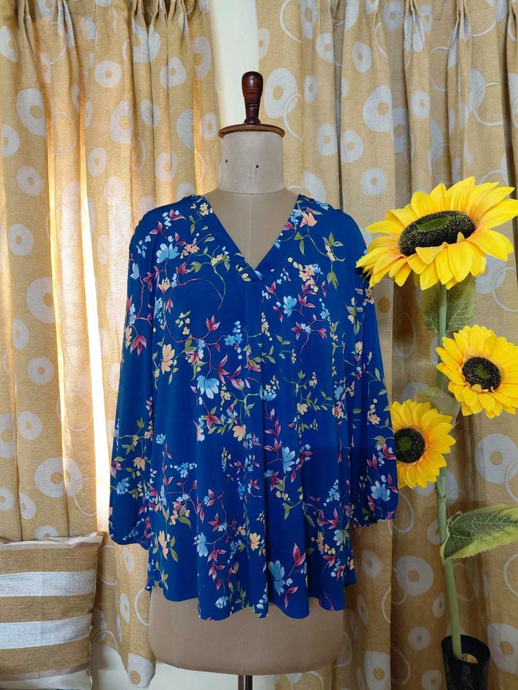 Blue Floral Print V-Neck Top