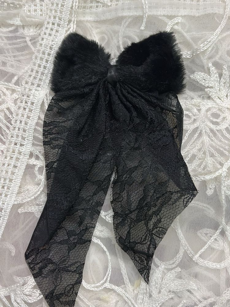 Black Lace &amp; Fur Bow Hair Clip