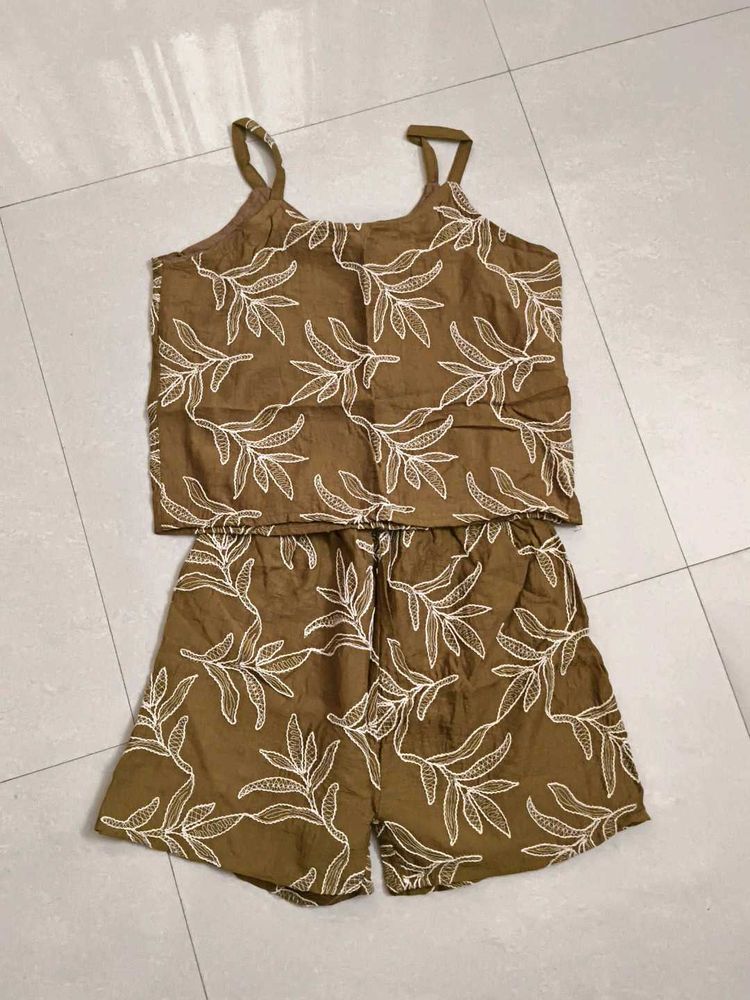 Warm olive green leaf pattern Cami Shorts