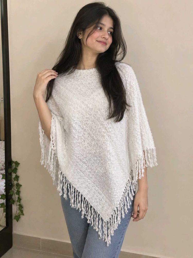 Cozy White Fringed Poncho