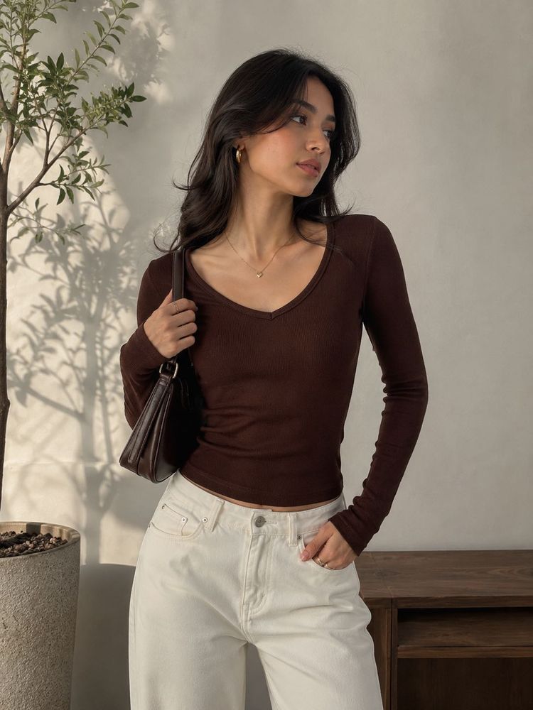Classic Brown Ribbed Long Sleeve Top