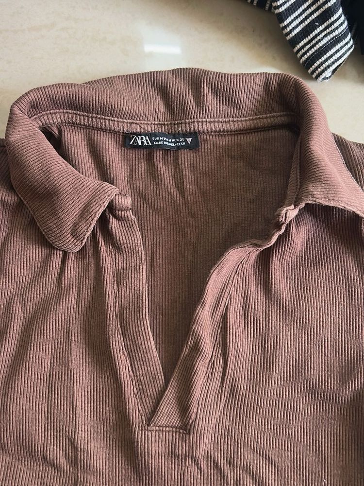 Brown Ribbed Polo Crop Top