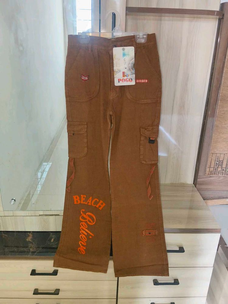 Trendy Brown Cotton Cargo Pants with Text Print