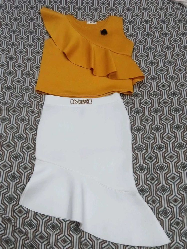 Stylish Yellow Top &amp; White Skirt Set