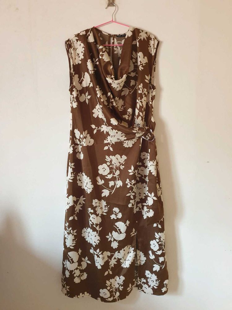 Mocha Blossom Wrap satin dress