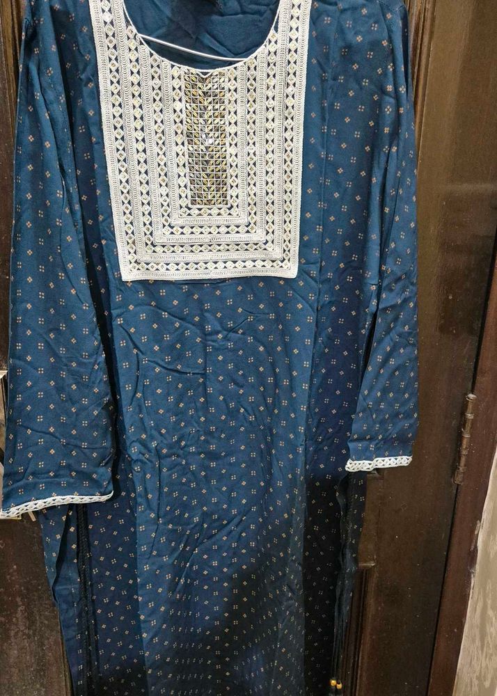 Blue Printed Kurta with Embellished Neckline