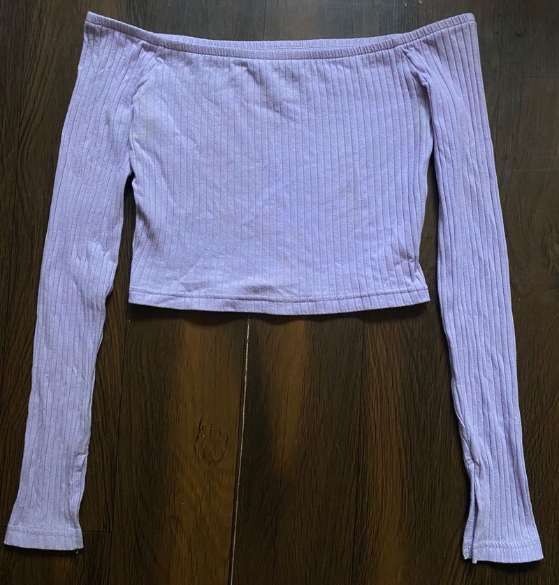 Lavender Off-Shoulder Ribbed Crop Top